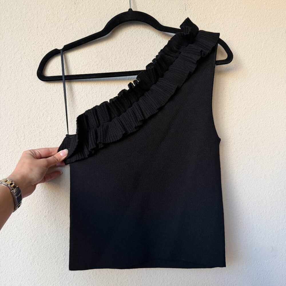 NWT Milly Black One Shoulder Ruffle Top Size L - Picture 2 of 6